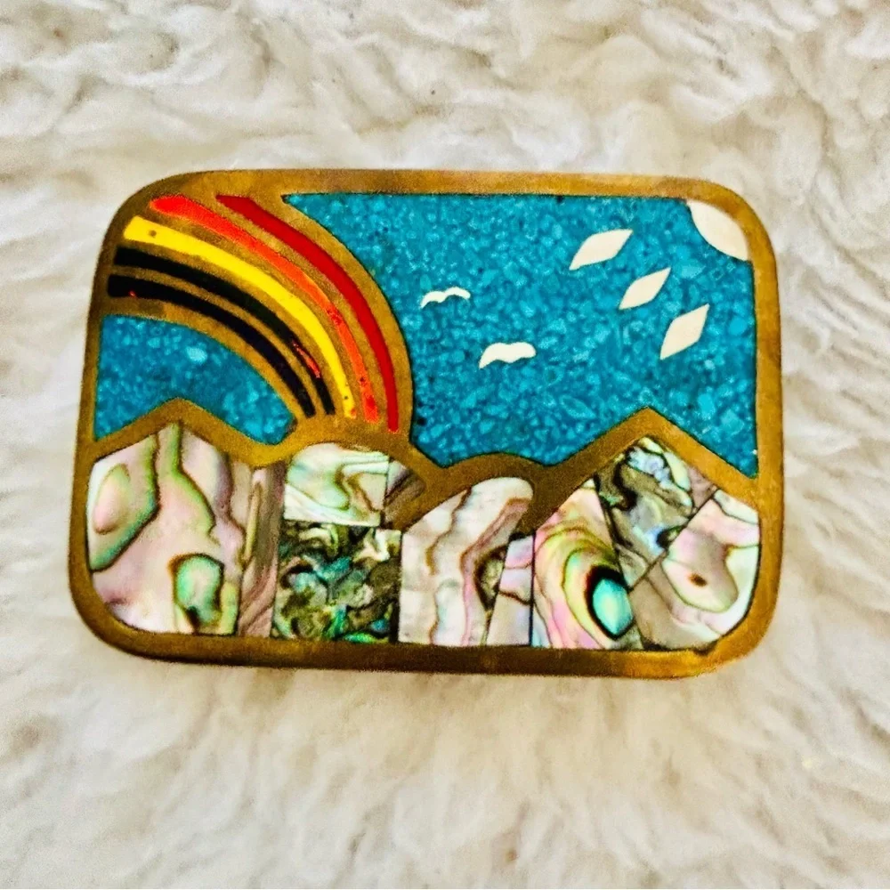 Vintage Gold/Multicolor Handcrafted Belt Buckle size 3” x 2”
